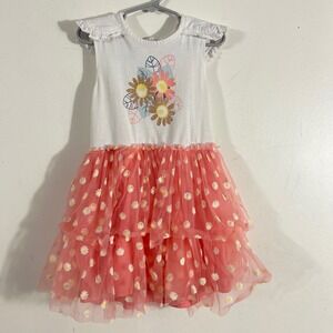 Little Lass Girls Dress Size 6 White Coral Tulle Daisy Tiered Floral